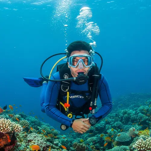 Professional Hispanic Male Diver in Navy Blue Scuba Suit Under the Sea