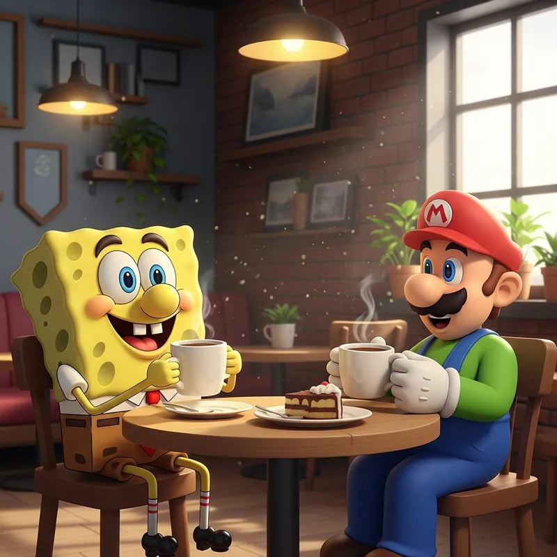 Bob Esponja and Mario Bros Enjoying Coffee | Animated Fun at the Cafe