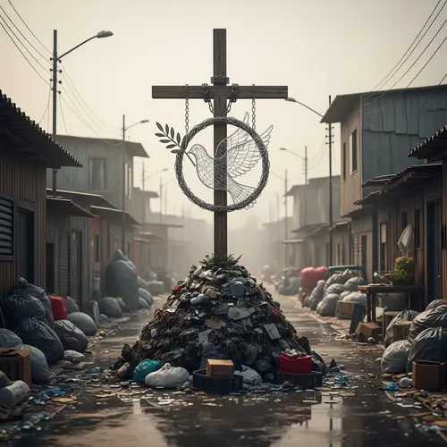 Wooden Cross Amid Urban Decay - Symbol of Peaceful Resistance