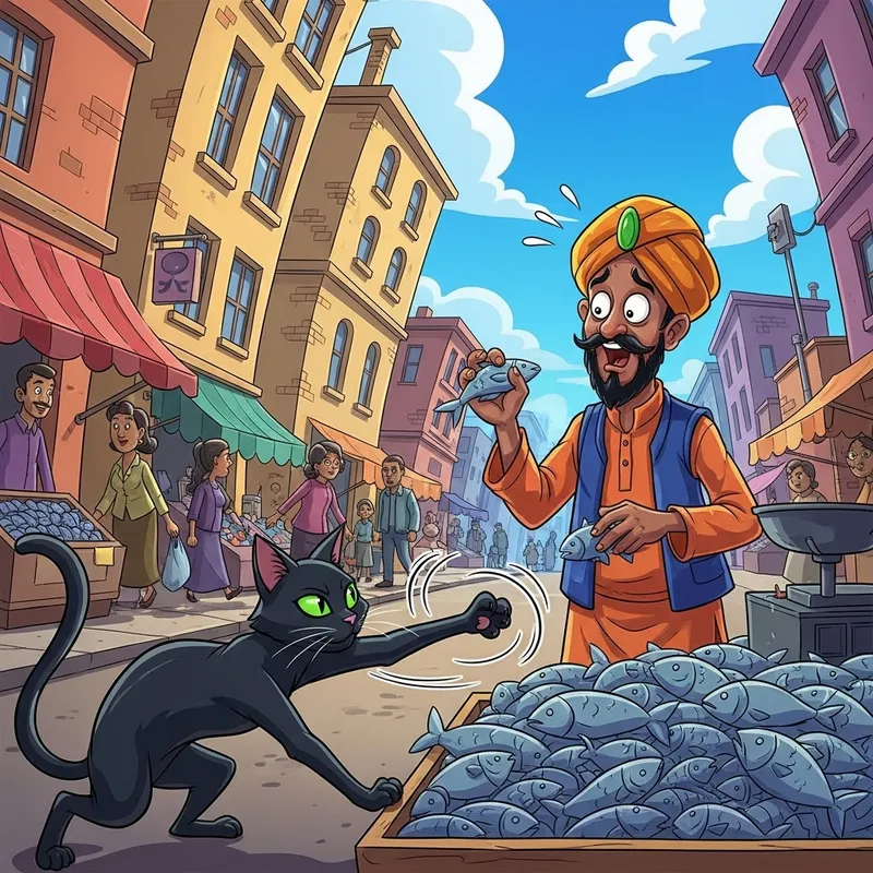 Hilarious Cartoon: Cat and Fish Vendor Comedy