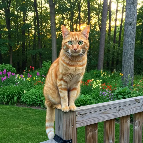 Domestic Orange Tabby Cat on Wooden Fence in Lush Garden