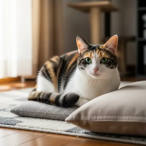 Radiant Multicolored Domestic Cat Lounging Comfortably