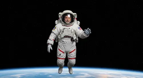 TV Presenter in Spacesuit Floating in Space