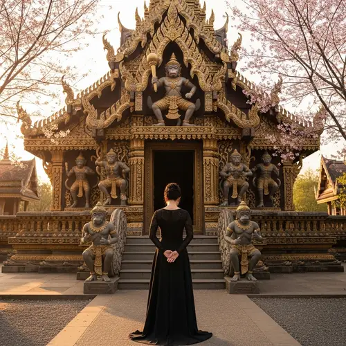 Elegant Woman Bowing at Hanuman Temple
