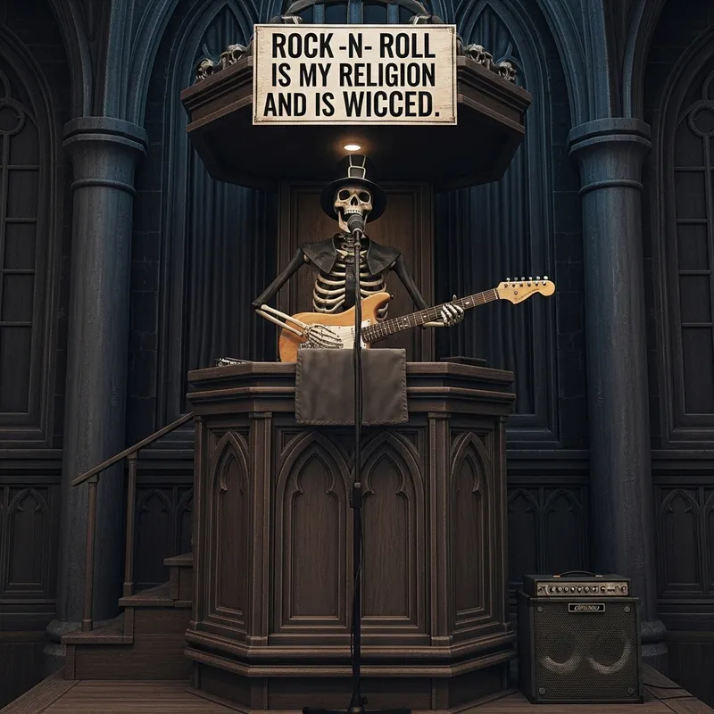 Skeleton Pulpit Preacher with Fender Guitar | Wicce Rock -n- Roll Sermon