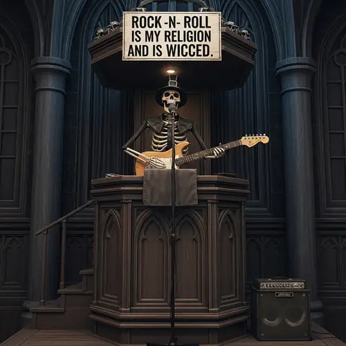 Skeleton Preacher with Fender Guitar | Rock -n- Roll is my Religion