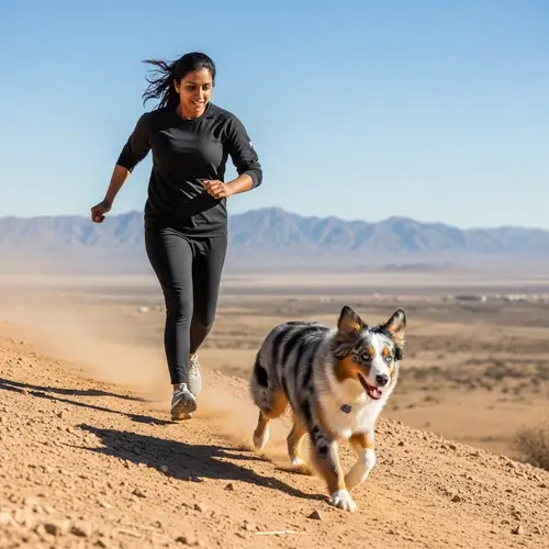 Athletic South Asian Woman Sprinting with Australian Shepard in Desert