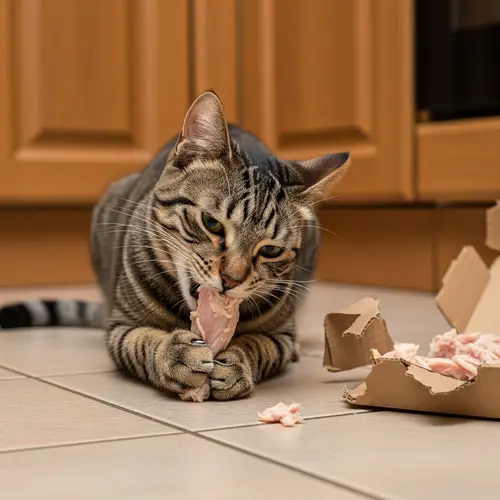 Adorable Cat Enjoying a Meal - Cute Feline Snacking in Kitchen