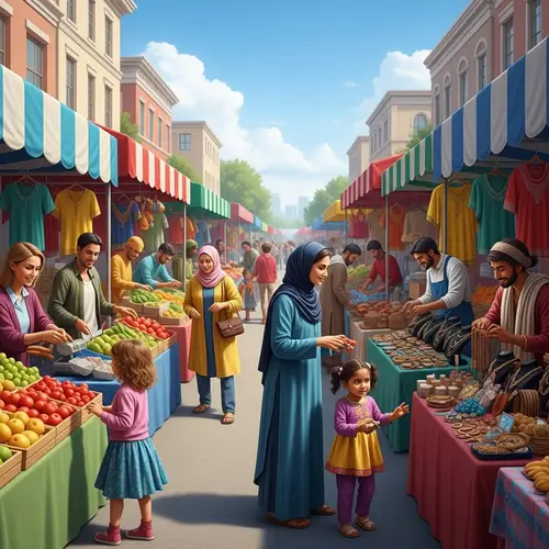 Diverse Marketplace Scene with Vendors and Customers