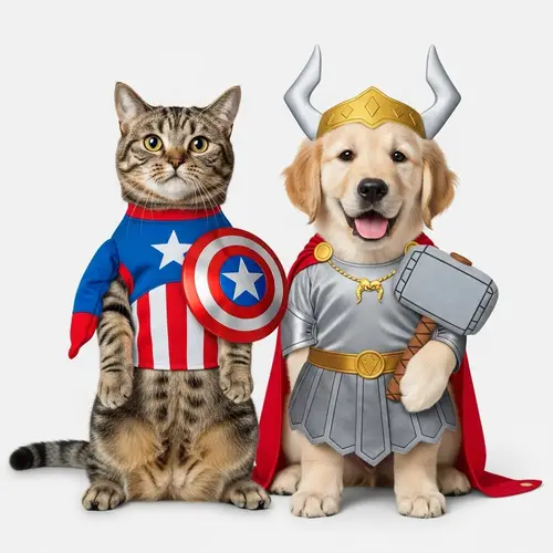 Cat in Captain America Costume Meets Puppy in Thor Costume