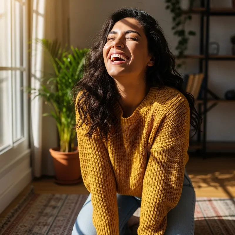 Hispanic Woman Kneeling in Room Laughing Joyfully
