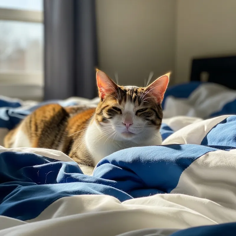 Languid Domestic Calico Cat Lounging on Cozy Bed in Golden Sunlight