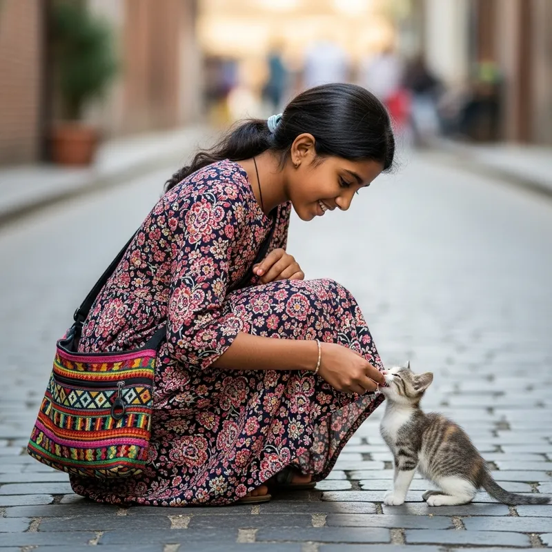 Kind-Hearted Girl in Dress Feeding Stray Kitten