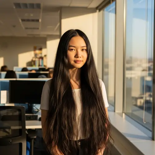 Pale-Skinned Asian Teen in Sunlit Office