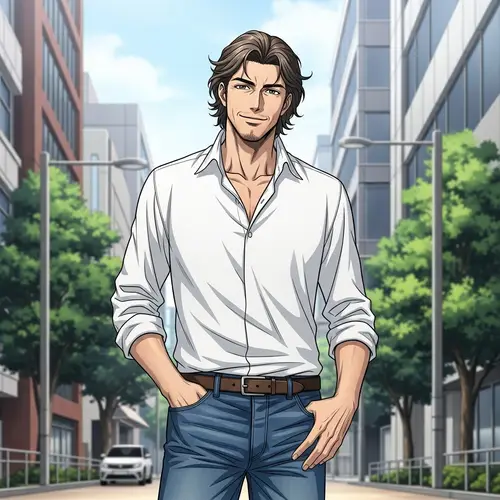 Charismatic Man with Medium Length Wavy Hair in Urban Setting