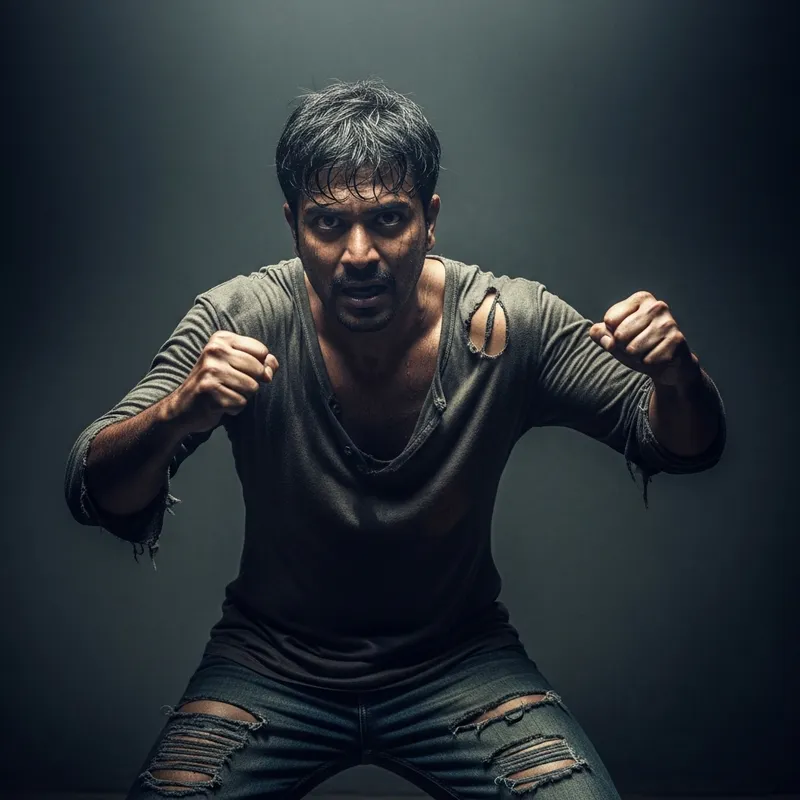 Desperate Fighter Swatting in Gritty Combat Scene Desperate Fighter Swatting in Gritty Combat Scene