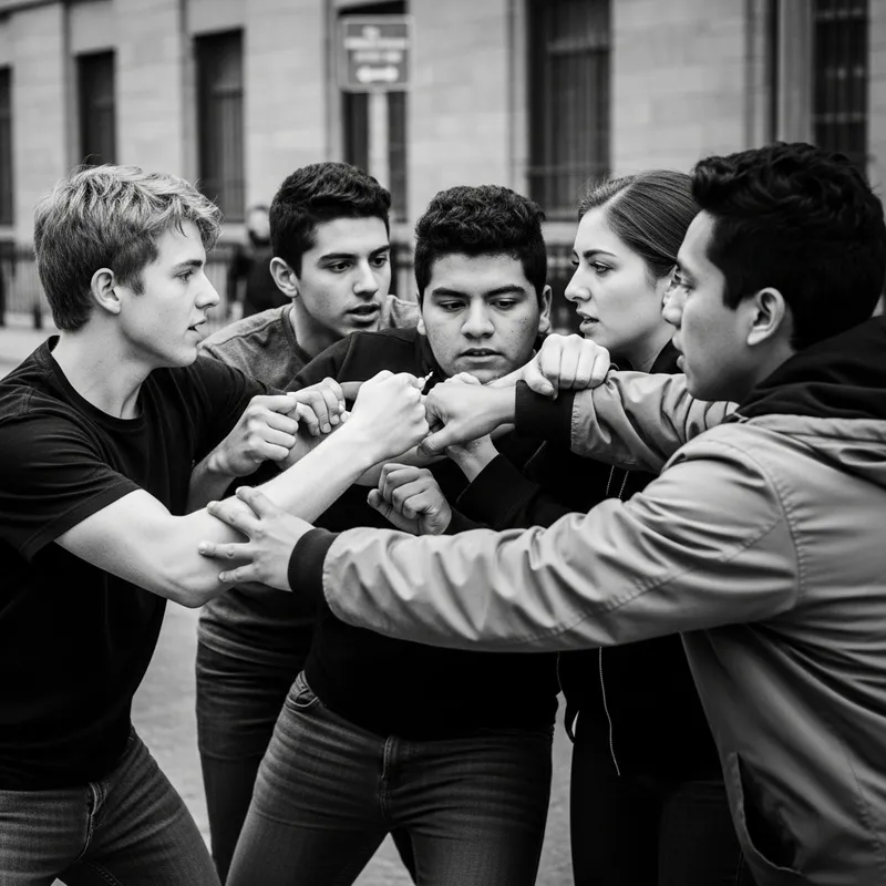 Urban Confrontation: A Dramatic Black and White Scene Urban Confrontation: A Dramatic Black and White Scene