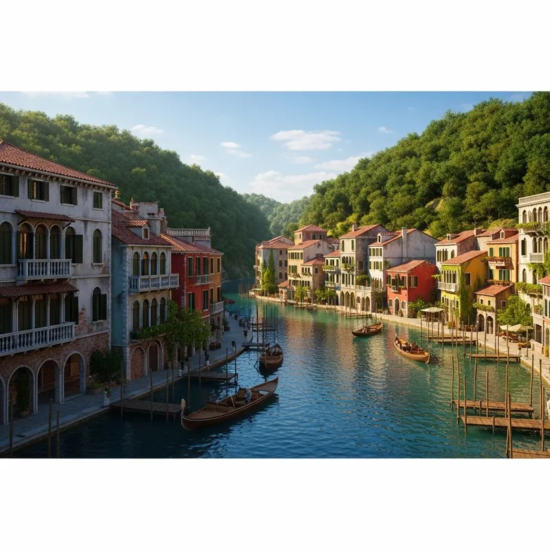 Tranquil Riverside Settlement Resembling Venice with Boat Rides and Lush Forest Views