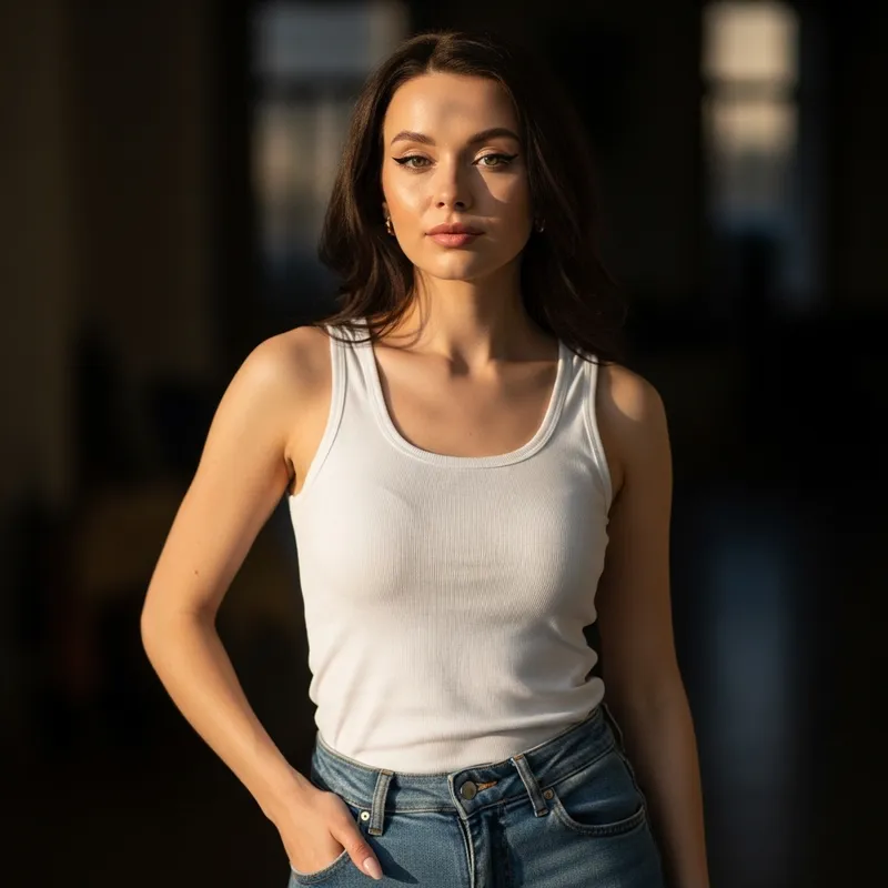 25-Year-Old Woman in Jeans and White Tank Top | Soft Facial Features