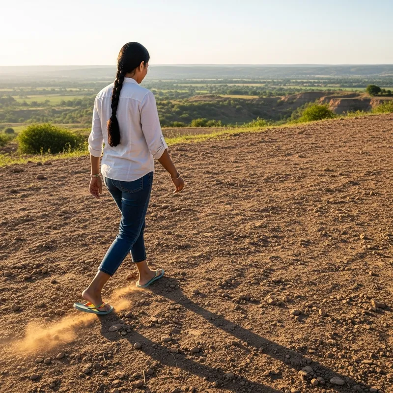 Peaceful Landscape: Woman Walking in Flip-Flops on Earth