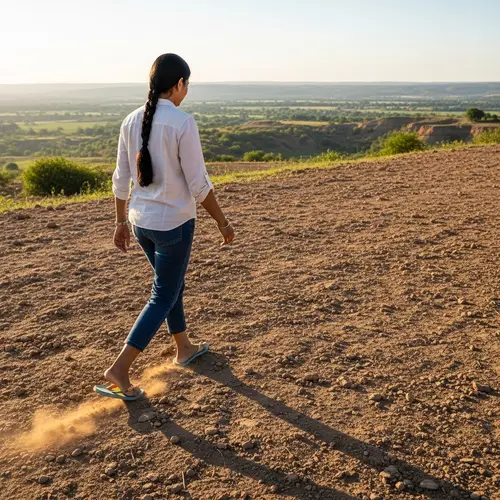Serene Landscape: South Asian Woman Walking in Flip-Flops