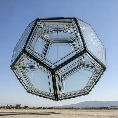 50ft Tall Glass Dodecahedron Floating in Air