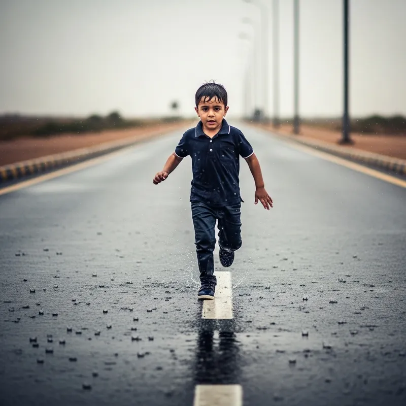 Young Boy Running in Light Rain