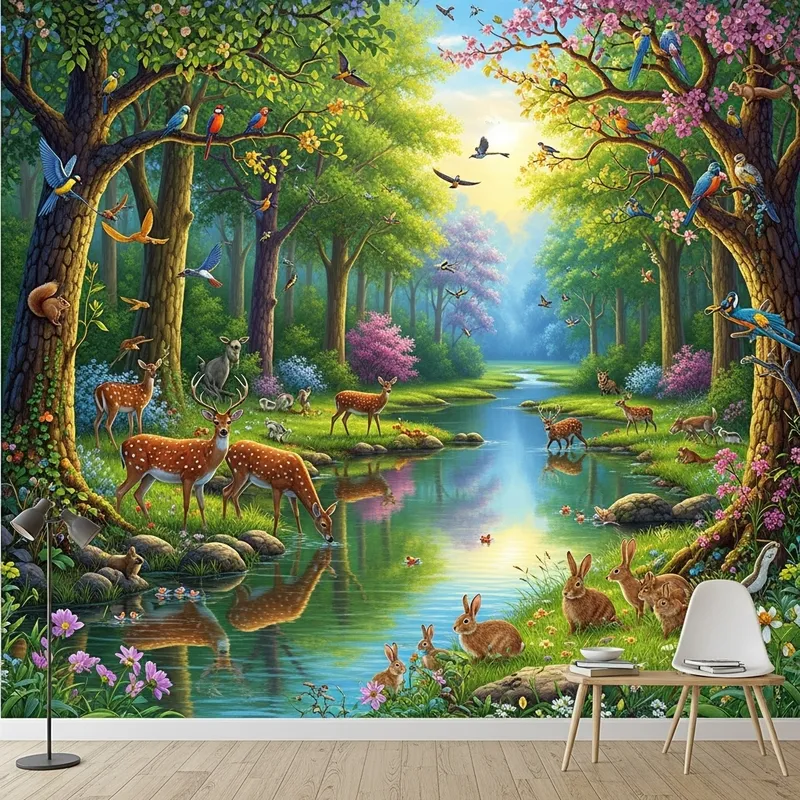 Lush Nature Mural Depicting Forest Wildlife Harmony