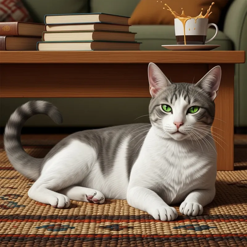 Beautiful White and Gray Cat Lounging in Living Room