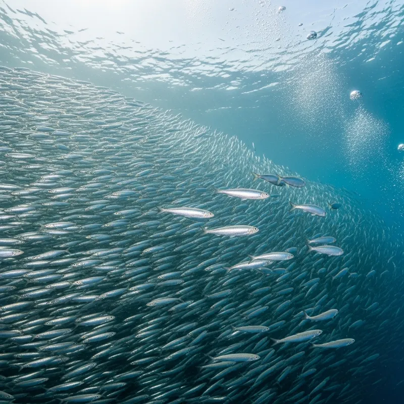 Fascinating School of Sardines - Unique Underwater Scene with Intriguing Visual Contrast