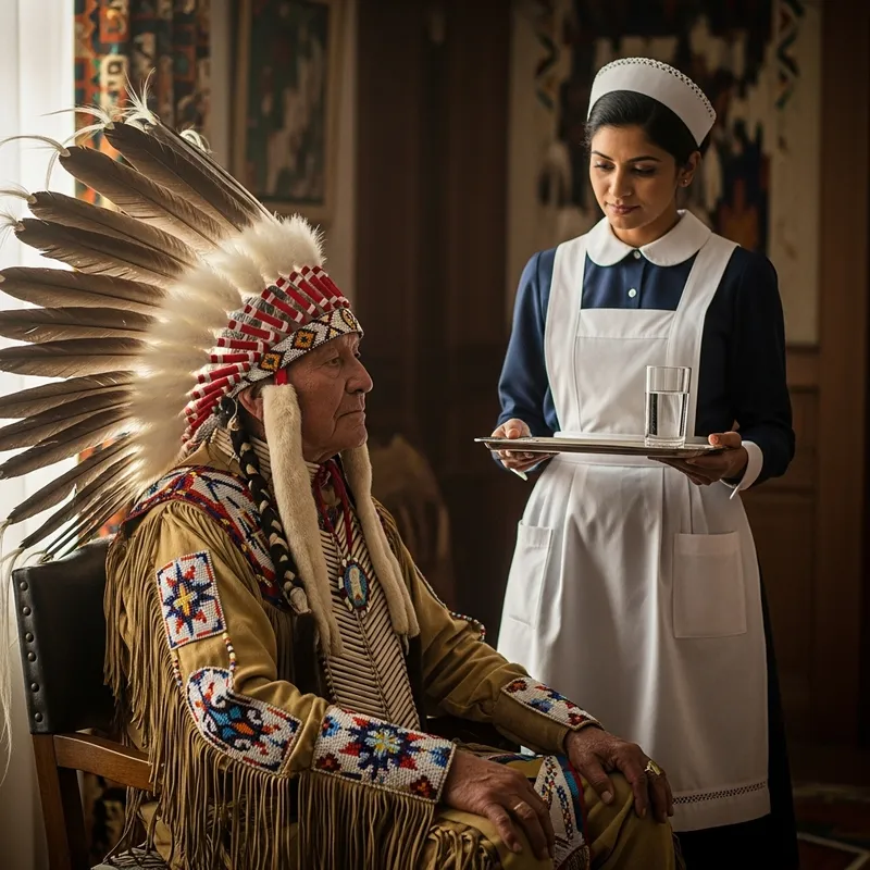 South Asian Maid Serving Water to North American Indigenous Tribal Chief