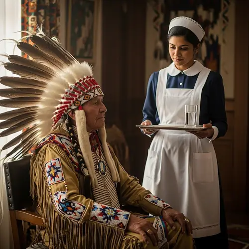 South Asian Maid Serving Water to North American Indigenous Chief