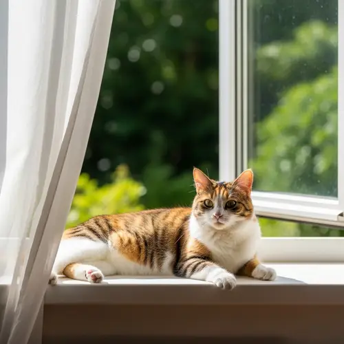 Fluffy Calico Cat Enjoying a Sunny Day on Window Sill