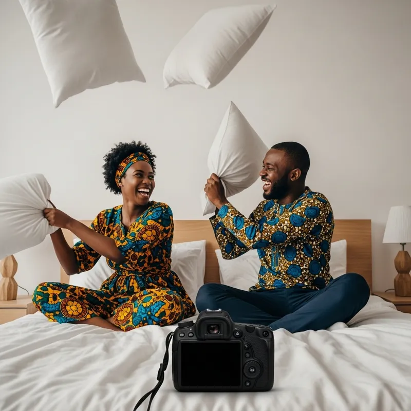 Captivating Pillow Fight: African Couple's Joyful Romance Immortalized