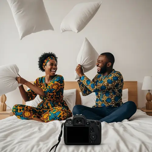 Playful Pillow Fight: Joyful Couple's Romantic Moment Captured