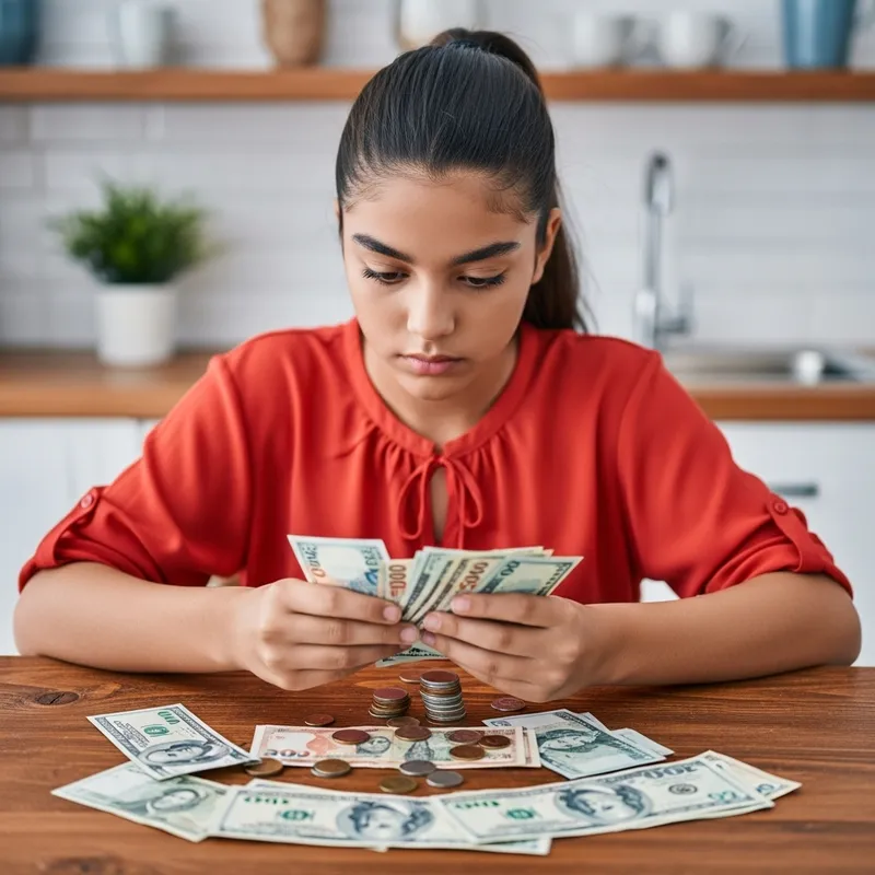 Hispanic Teenage Girl Counting Money with Serious Expression