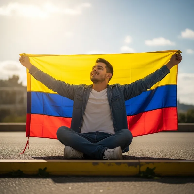 Colombian Man Sitting in Sunlight with Flag of Colombia