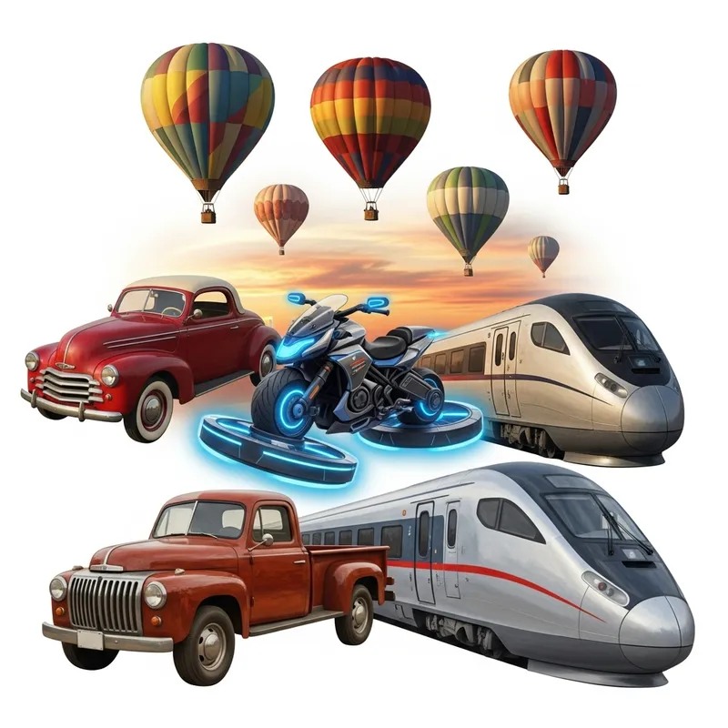 Abstract Carnival of Vehicles: Vintage Car, Hoverbike, Pickup Truck, Train & Hot Air Balloons
