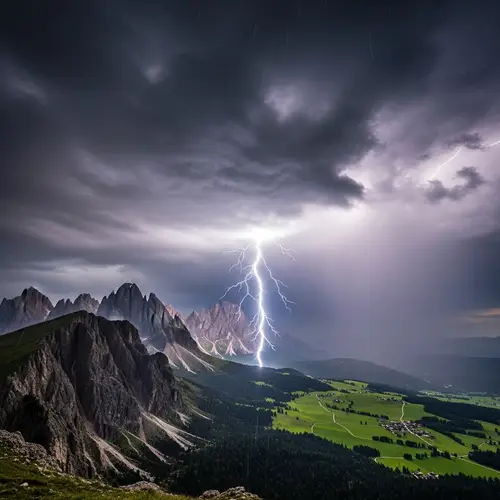 Dramatic Lightning Strike over Green Fields and Mountains