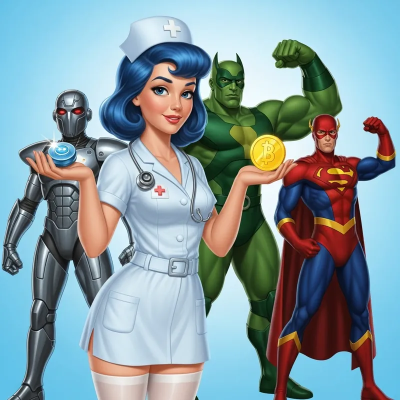 Anime Nurse with Blue Hair and Fantastical Characters