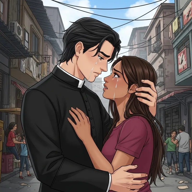 Forbidden Love: Embracing Raven-Haired Priest & Brunette Woman