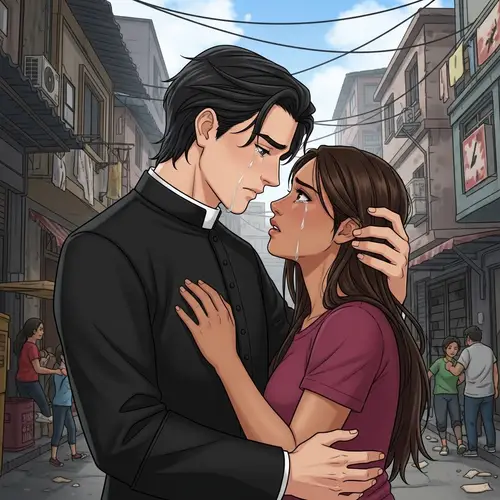 Forbidden Love Story: Raven-Haired Priest Embraces Brunette Woman