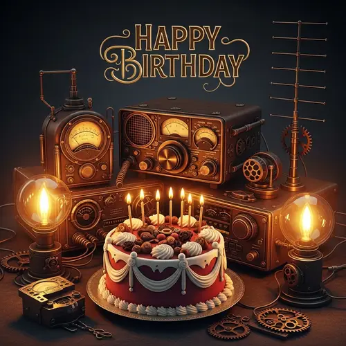 Steampunk Birthday Greeting Card Design with Radio Elements and Decorative Cake