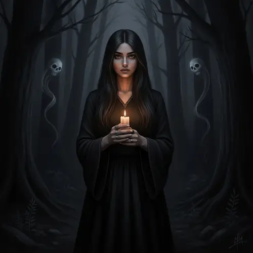 Mysterious Middle-Eastern Witch in Dark Forest with Flickering Candle