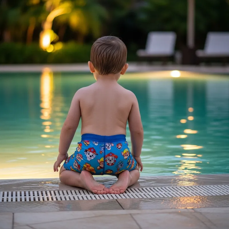 Serene Toddler in Paw Patrol Swim Shorts by Poolside