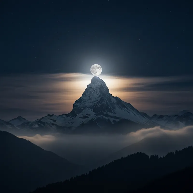 Moon on Peak: Serene Night Landscape Moon on Peak: Serene Night Landscape