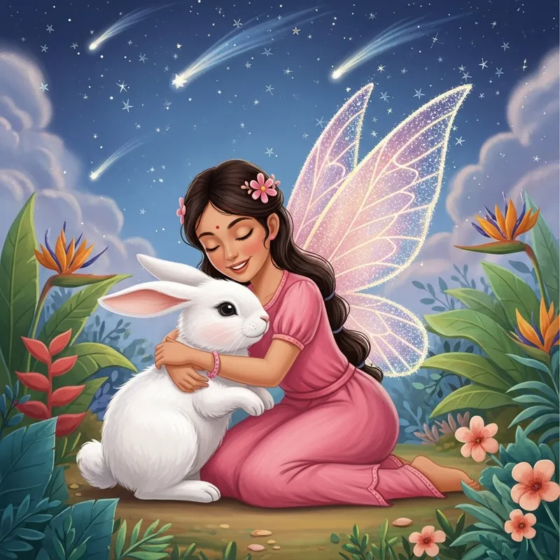 Enchanting Fairy Embracing Fluffy Bunny