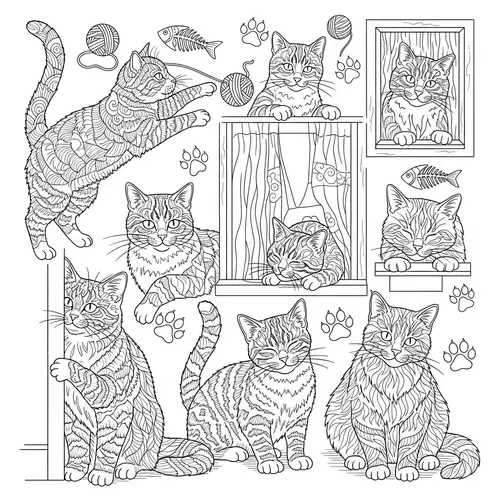 Adult Cat Coloring Book Page: Intricate Designs for Relaxation