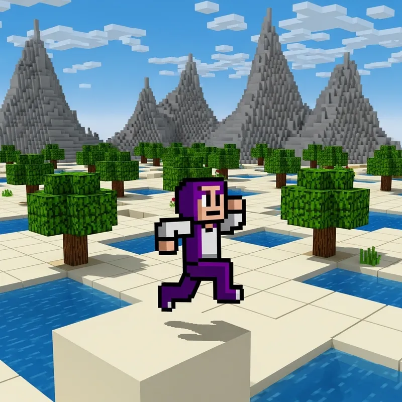8-Bit Character Running in Blocky Landscape