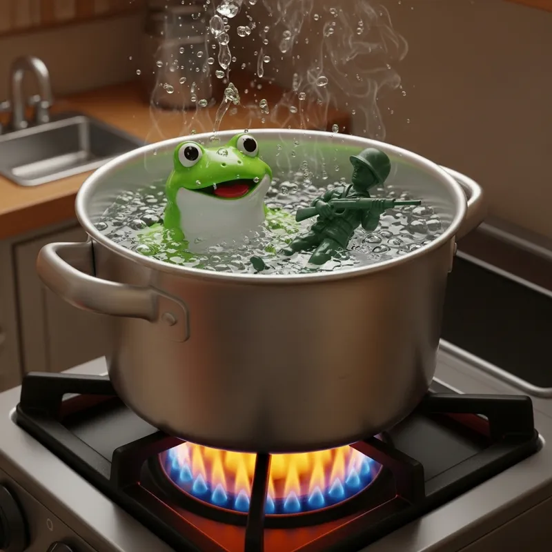 Toy Frog and Small Figure Boiling in Silver Pan Surreal Scene